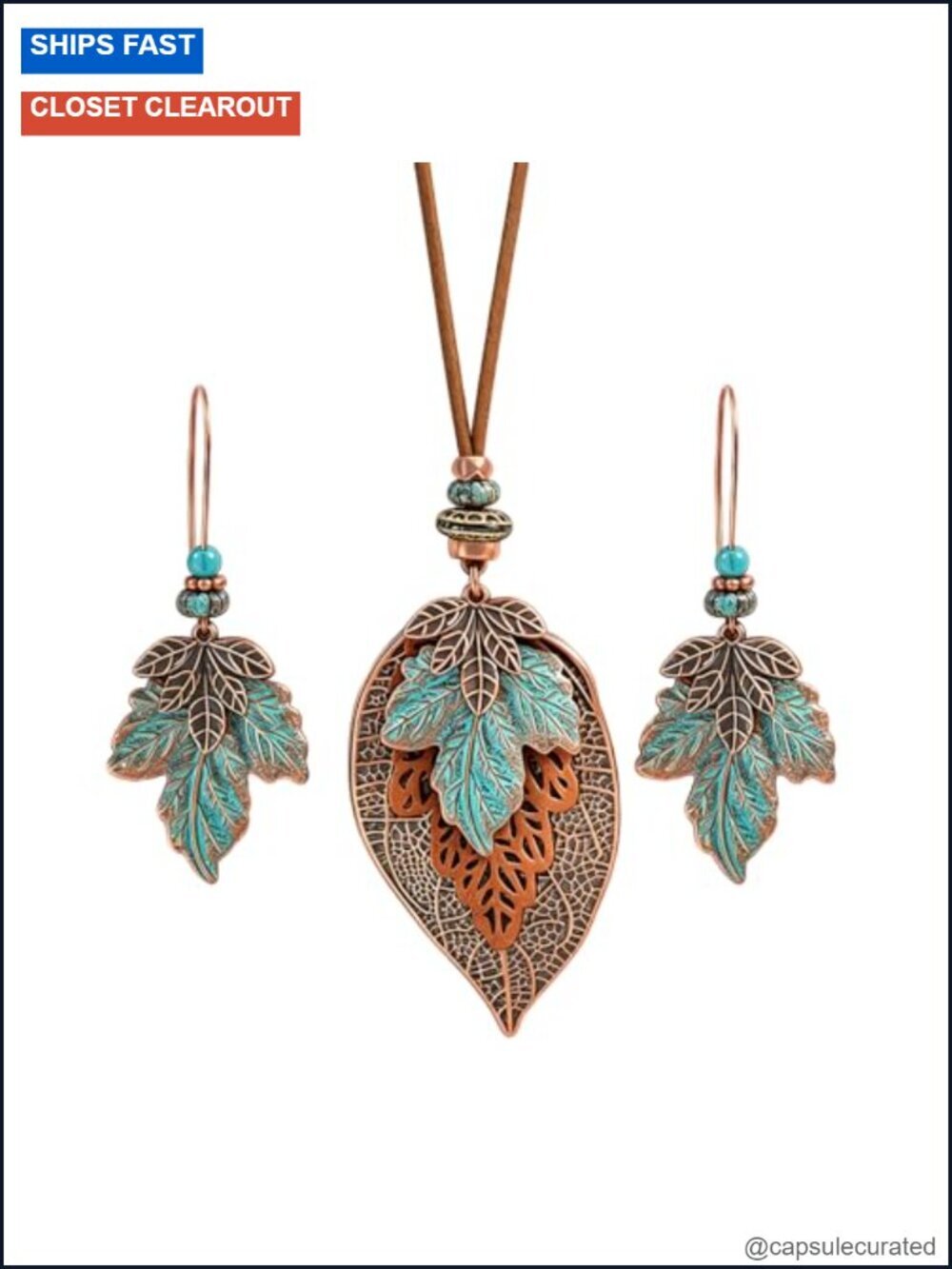 Wood Leaf Pendant Necklace & Earrings Set Bronze Plated Leather Cord Bohemian